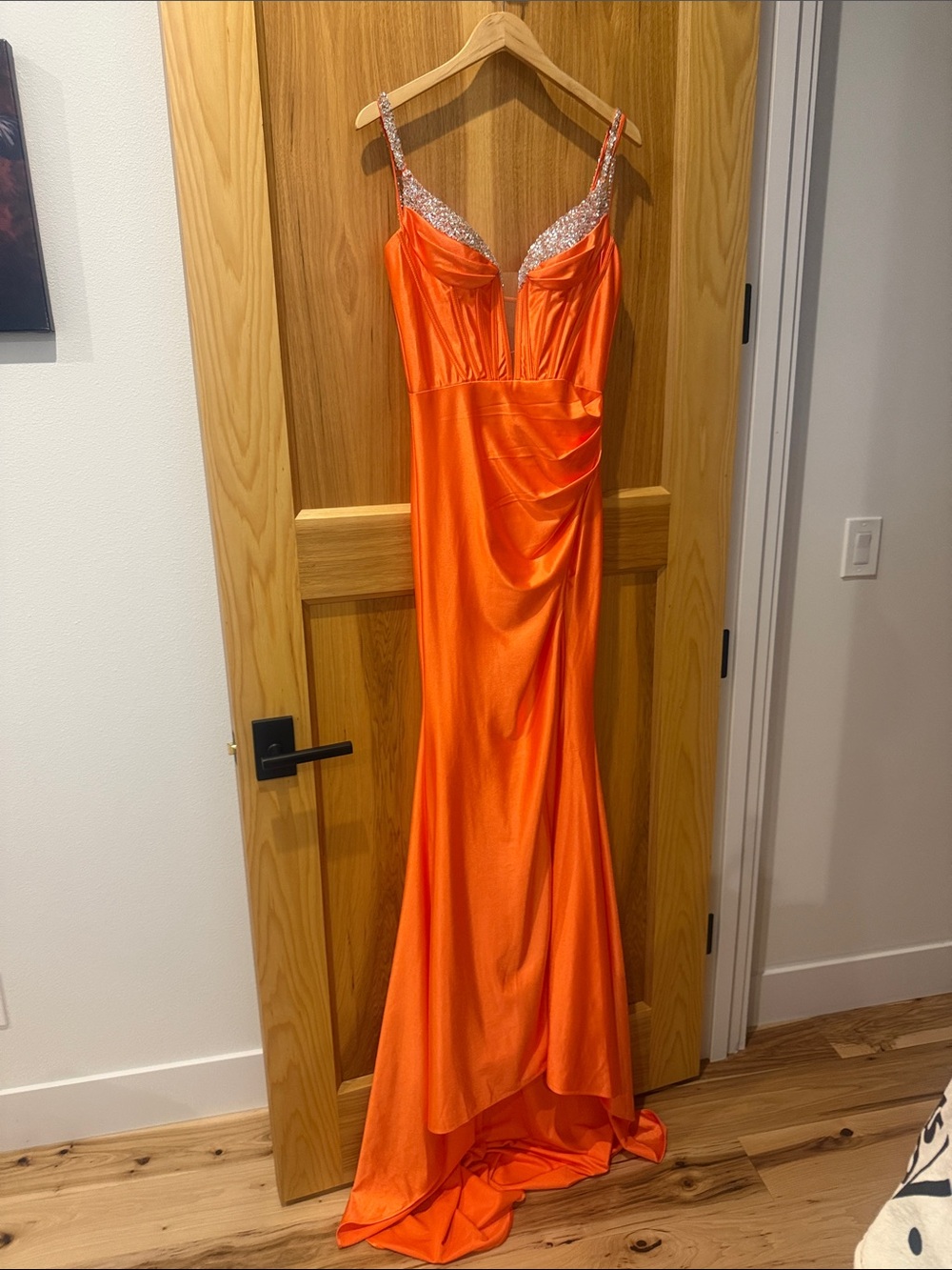 Gleaming Orange Satin Prom Gown with Crystal-Embellished Straps